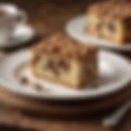 An inviting slice of coffee cake adorned with a rich crumb topping and served on a delicate plate.