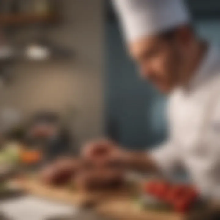 A culinary expert examining steak before cooking