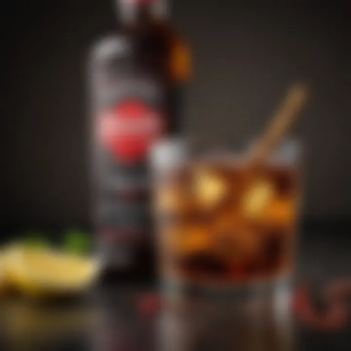 A close-up of whiskey and coke ingredients with garnishments