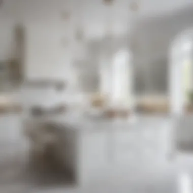 A luxurious all-white kitchen adorned with marble finishes and stylish fixtures.