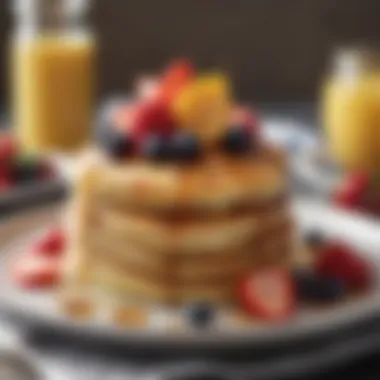 A stack of almond flour pancakes garnished with fresh fruit and a drizzle of syrup.