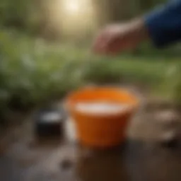 A vibrant collapsible bucket in an outdoor setting, showcasing its versatility for camping and hiking.