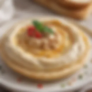 A close-up of smooth, creamy hummus spread on pita bread