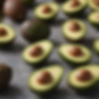 A close-up of fresh avocados sliced open, highlighting their healthy fats and fiber content.