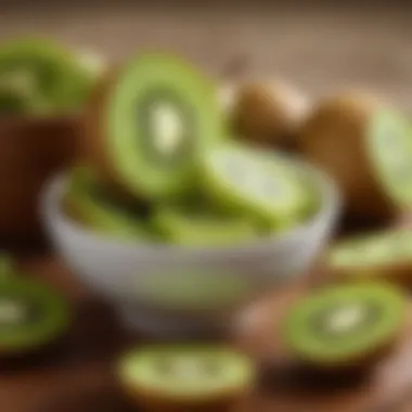 A bowl filled with slices of kiwi, illustrating their high vitamin content and low sugar levels.