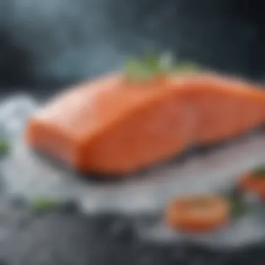 Fresh salmon fillets displayed on ice with herbs