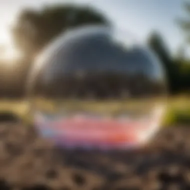 A vibrant outdoor scene filled with bubbles floating gracefully in the sunlight, creating a whimsical atmosphere.
