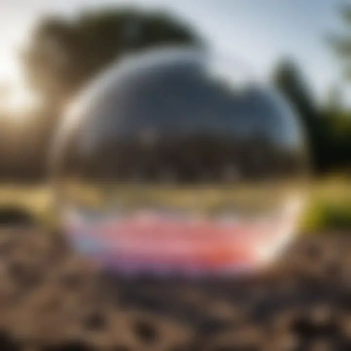 A vibrant outdoor scene filled with bubbles floating gracefully in the sunlight, creating a whimsical atmosphere.