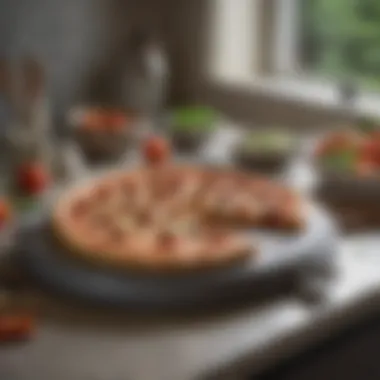 A well-maintained pizza stone on a kitchen counter, with tools for care and upkeep nearby.