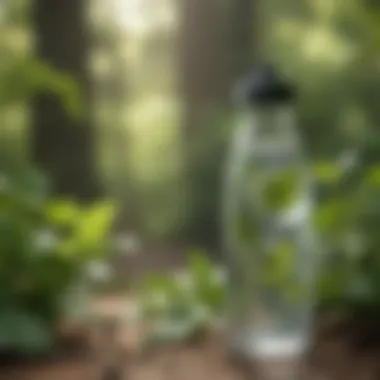 Eco-friendly glass water bottle surrounded by green leaves.