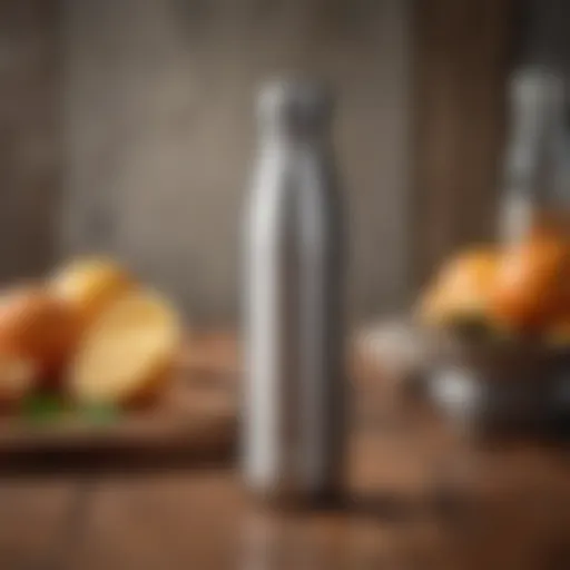 Stylish stainless steel water bottle on a wooden table.