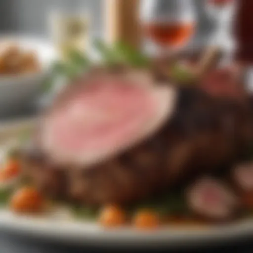 A prime rib roast with a beautiful sear and a juicy interior, garnished with herbs.