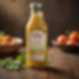 Close-up of Bragg Healthy Organic Vinaigrette bottle against a rustic background