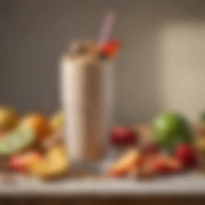 A refreshing glass of protein shake topped with fruits and nuts