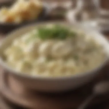 A creamy bowl of cauliflower mashed potatoes topped with herbs