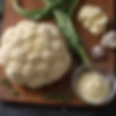 Ingredient layout with fresh cauliflower, butter, and seasonings