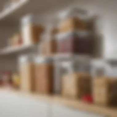 Stylish cereal plastic containers lined on a kitchen shelf