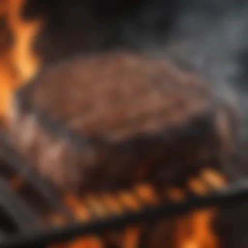 Juicy steak grilled over charcoal flames