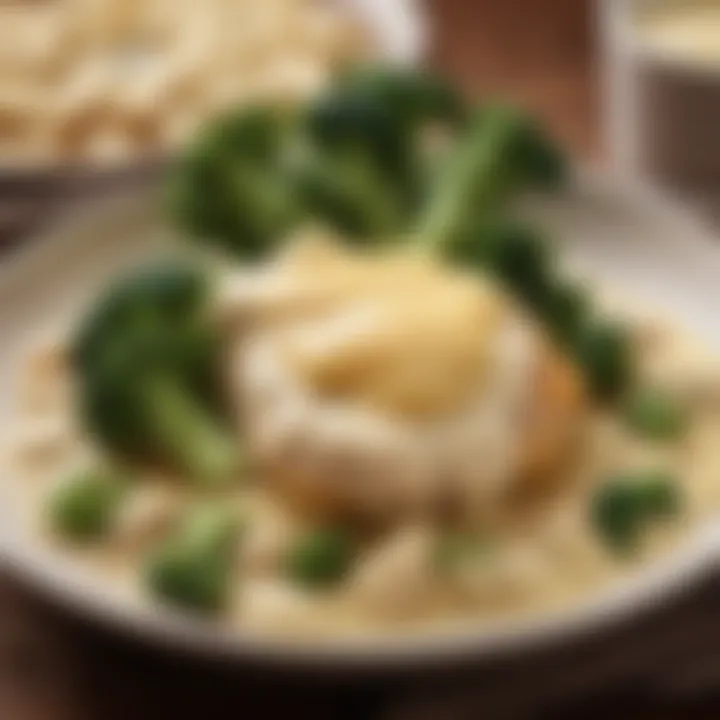 Close-up of creamy sauce enveloping chicken and broccoli