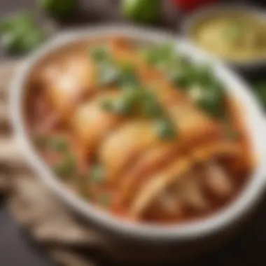 Baked Chicken Enchiladas with Fresh Garnish Baked chicken enchiladas garnished with fresh cilantro