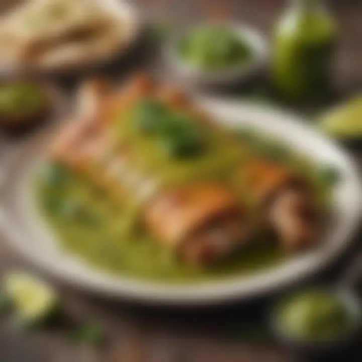 Vibrant green sauce poured over enchiladas