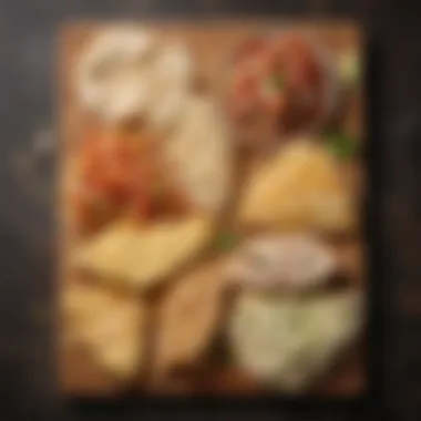 An assortment of shredded cheeses on a wooden board