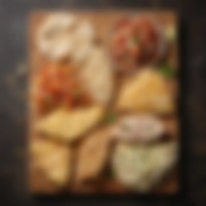 An assortment of shredded cheeses on a wooden board