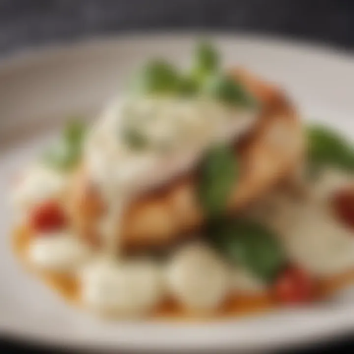 Tender chicken breast topped with melted mozzarella cheese and fresh basil