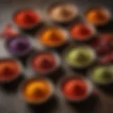 A vibrant assortment of chili pepper powders in small bowls showcasing their rich colors.