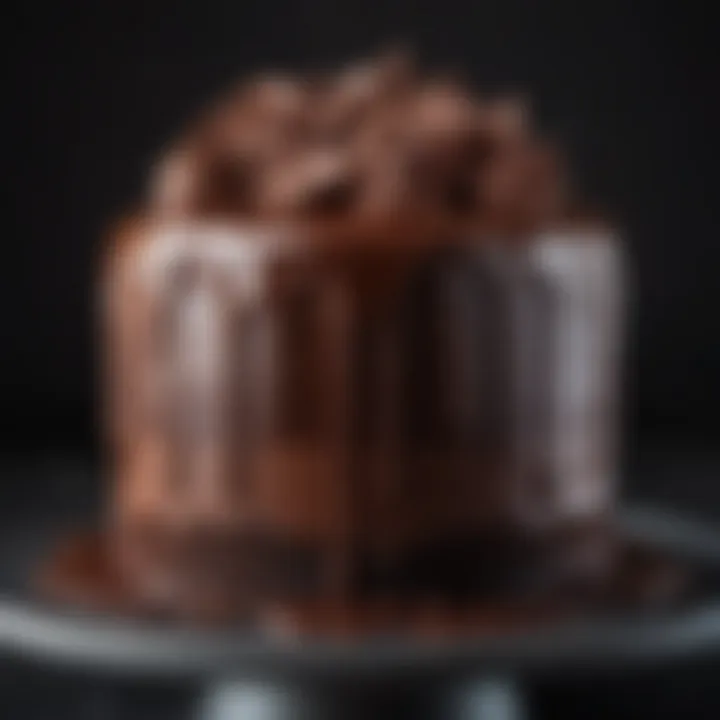 Close-up of a glossy chocolate ganache icing spread on a cake