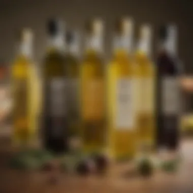 An assortment of olive oil bottles with flavor notes