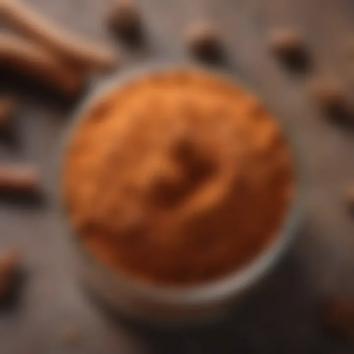 A close-up of a cinnamon powder jar with fresh spices