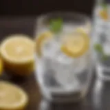 A glass of club soda with lemon slices and ice cubes