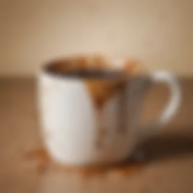 Close-up view of a coffee-stained mug highlighting the rich brown patterns.