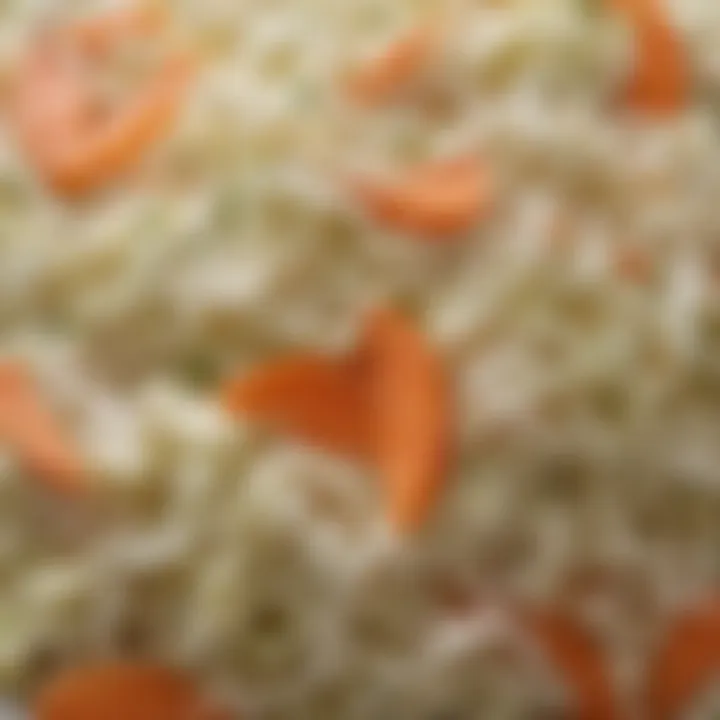 A close-up of creamy coleslaw with a garnish