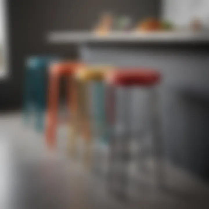 A collection of vibrant bar stools in assorted colors arranged around a modern kitchen island.