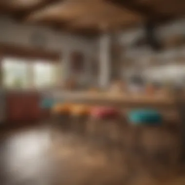 A rustic kitchen scene featuring wooden bar stools with colorful upholstery that adds warmth.