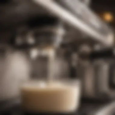 Close-up of milk frothing process in a coffee machine demonstrating rich texture