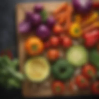 A colorful assortment of fresh vegetables on a wooden cutting board