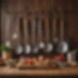 A variety of kitchen utensils displayed on a wooden countertop