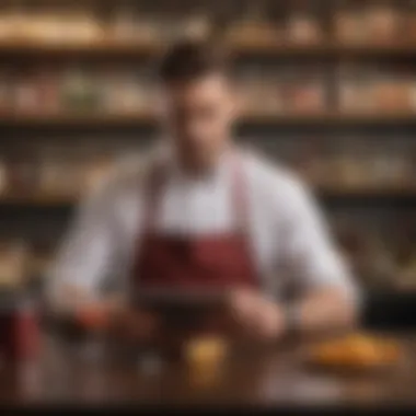 A bartender utilizing a mobile app for inventory management on a tablet.