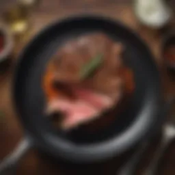 A beautifully seared steak on a cast iron plate