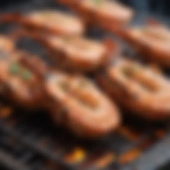 A close-up of grilled tiger prawns on a barbecue.