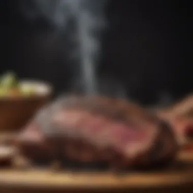 Smoker with brisket slowly cooking, surrounded by aromatic wood smoke