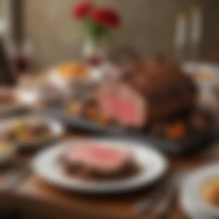 A beautifully arranged table showcasing a prime rib dinner