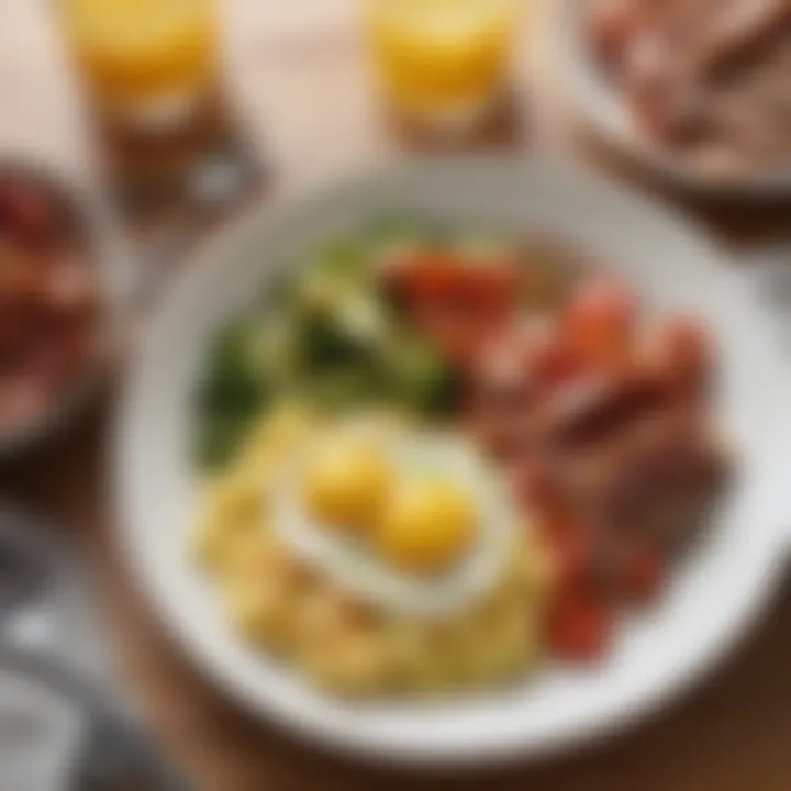 A hearty breakfast plate featuring scrambled eggs, turkey bacon, and sautéed vegetables