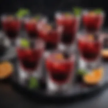 Assortment of Prune Juice Cocktails Vibrant assortment of prune juice cocktails garnished with fresh fruits