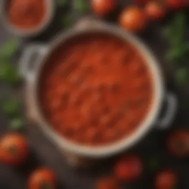 A rich tomato sauce simmering in a pot, showcasing the base for a delicious veggie pizza.