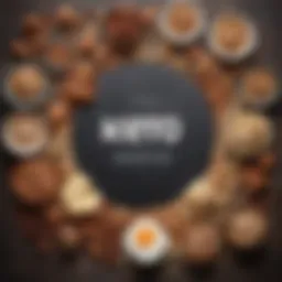 Assorted keto-friendly staple foods including nuts, seeds, and dairy products