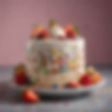 An elegantly decorated confetti ice cream cake adorned with fresh fruits and sprinkles